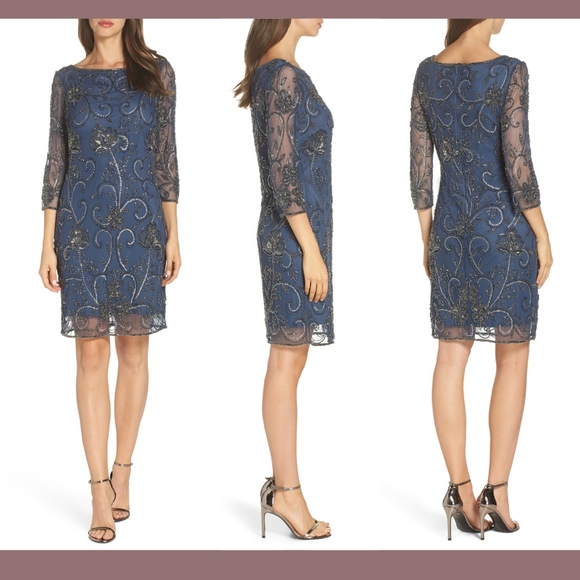 NWT $178 Pisarro Nights Embellished Mesh Sheath Dress in Blue [SZ‎ 6 ] - Picture 1 of 8